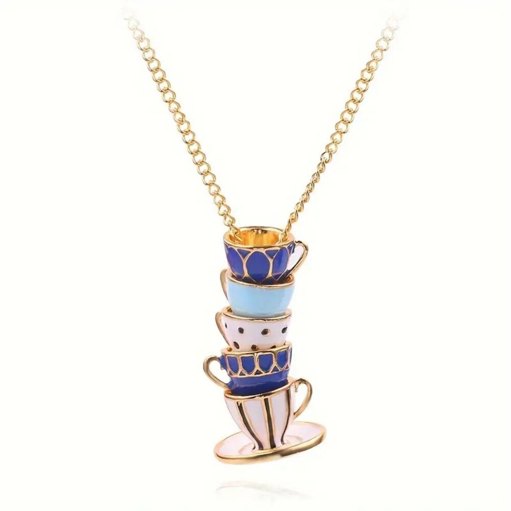 Alice in Wonderland Mad Hatter Tea Party Gold blue and white pendant necklace